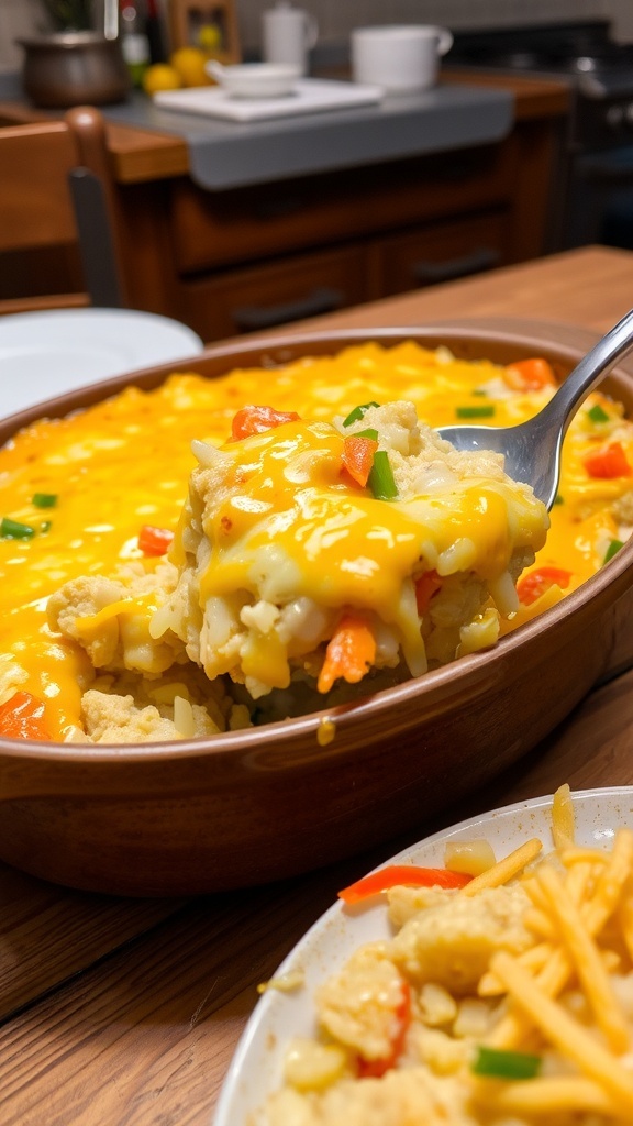 A cheesy chicken and rice casserole with golden cheese and colorful vegetables, served in a rustic dish.